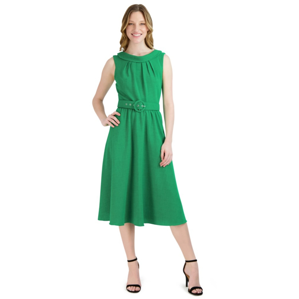 Donna Ricco New York Green Fit & Flare Belted Midi Dress Size 8 Sleeveless Class